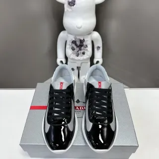 Prada Chaussures Lifestyle Noir Gris Cuir Verni Embout Toe Cap Tissu Mesh