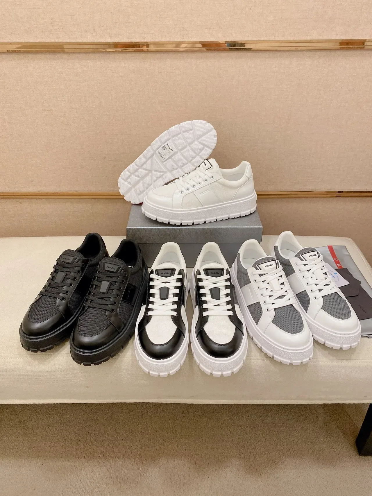 Prada Black Monochrome Mesh-and-Leather Upper Chunky Sneakers 2