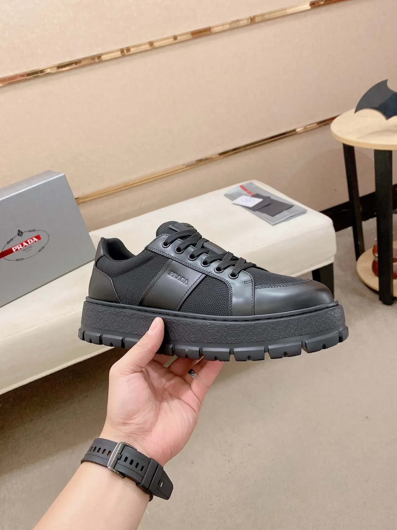Prada Black Monochrome Mesh-and-Leather Upper Chunky Sneakers 5