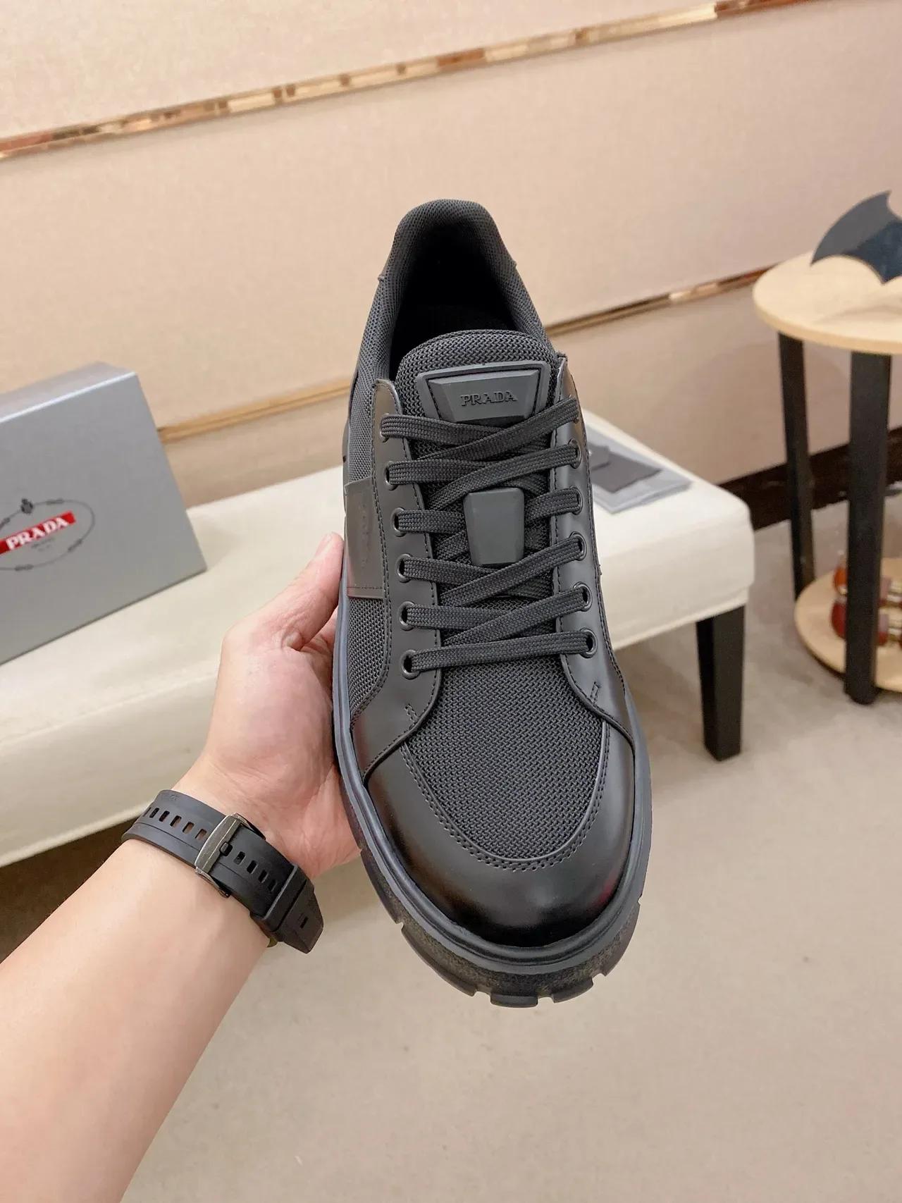 Prada Black Monochrome Mesh-and-Leather Upper Chunky Sneakers 6