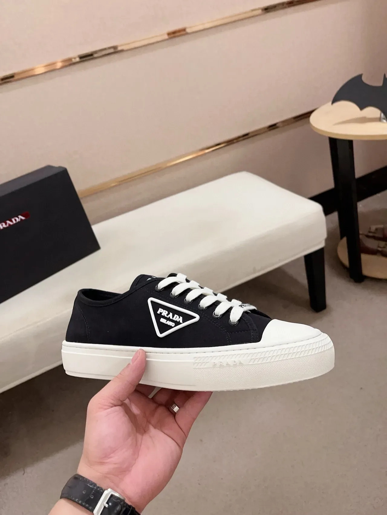 Prada Black White Canvas Upper Cupsole Lifestyle Sneakers 5