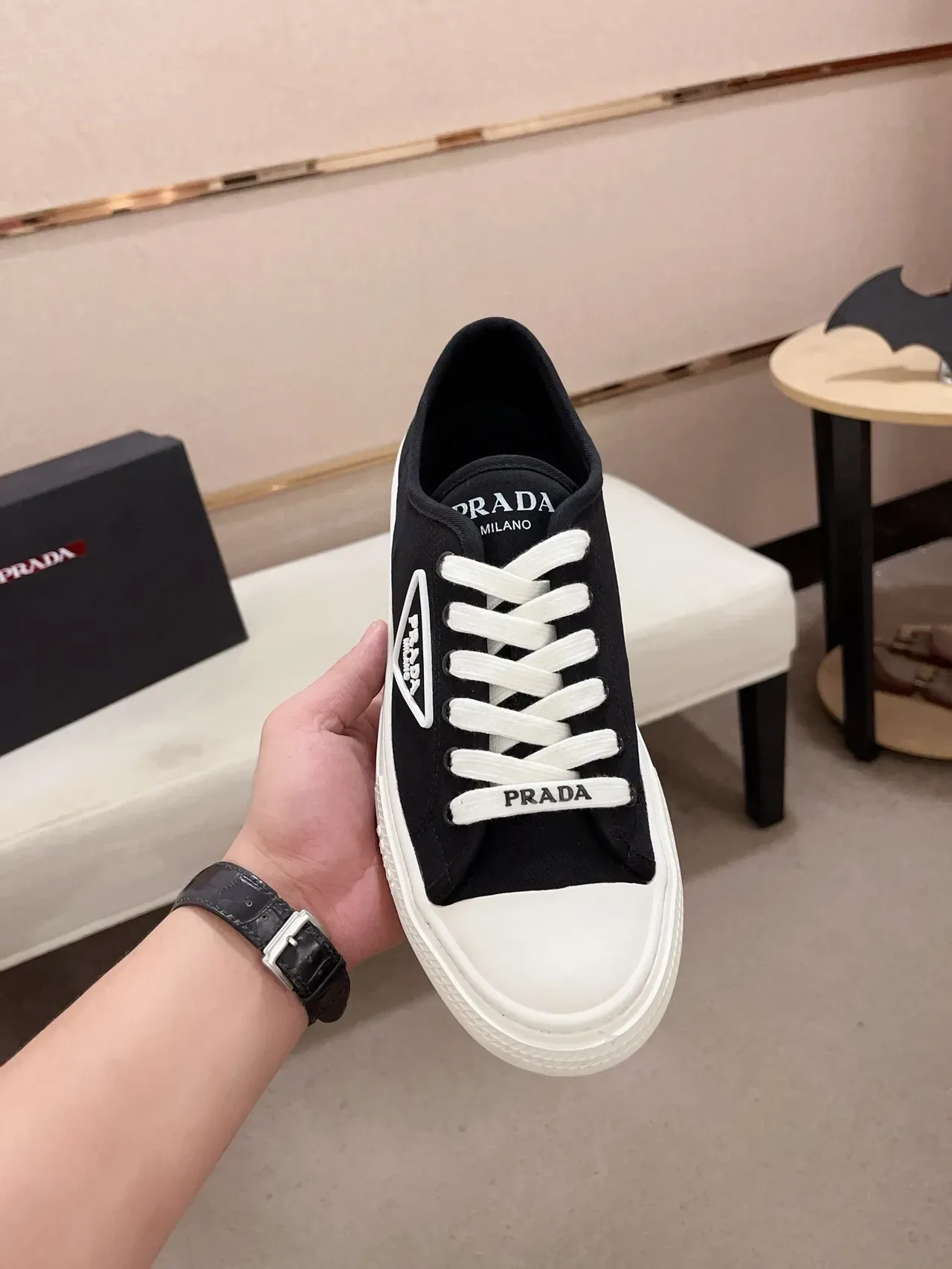 Prada Black White Canvas Upper Cupsole Lifestyle Sneakers 6