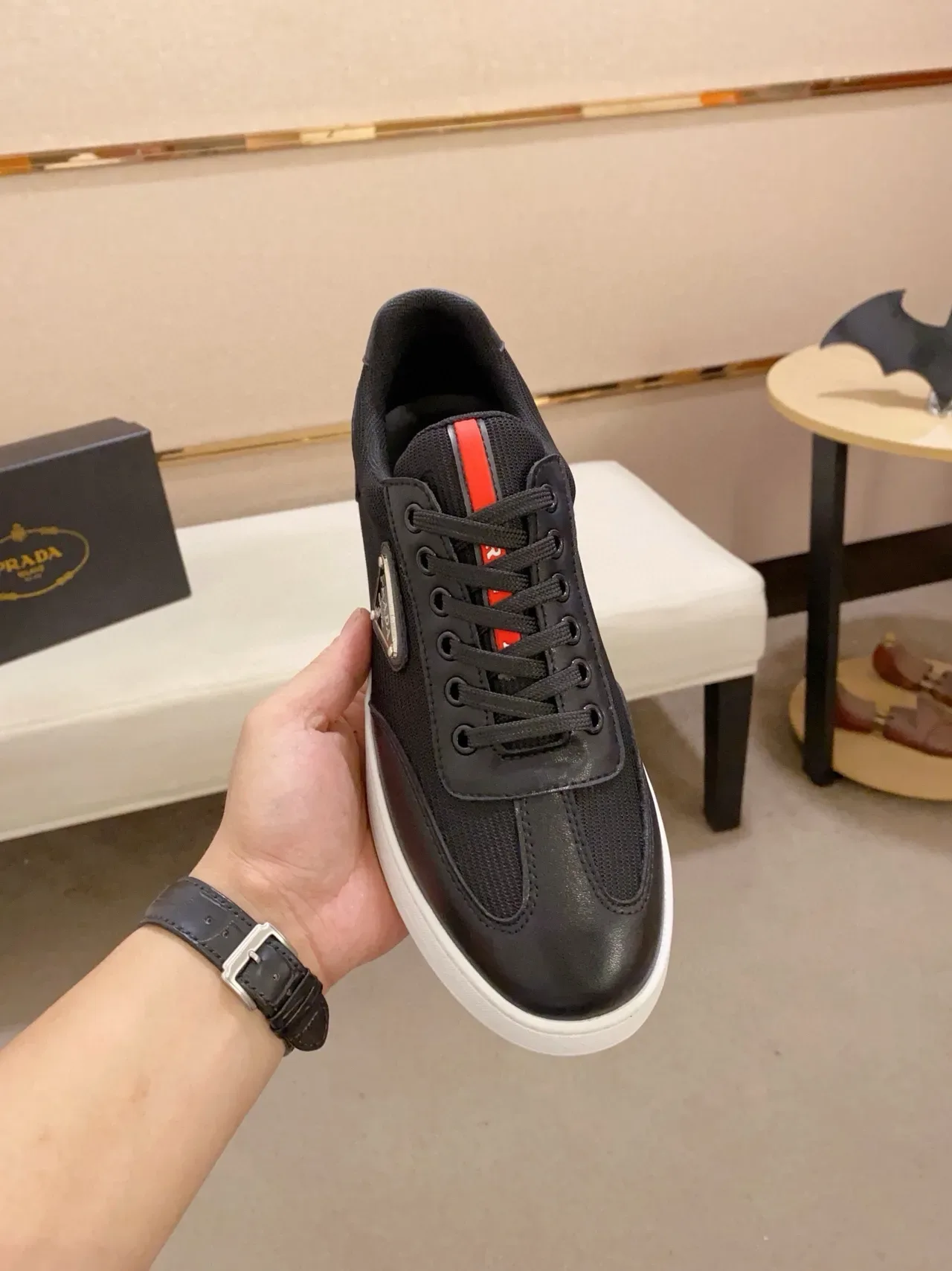 Prada Black White Low-Top Mesh-and-Leather Upper Lifestyle Sneakers 2
