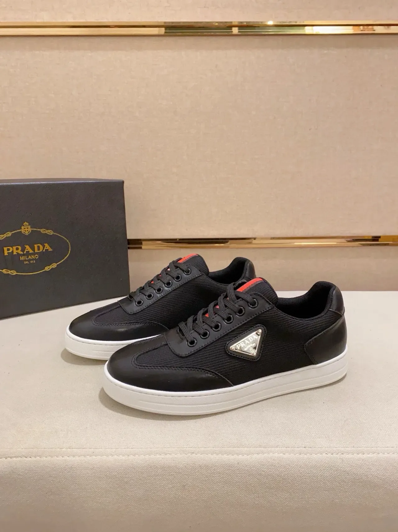 Prada Black White Low-Top Mesh-and-Leather Upper Lifestyle Sneakers 3
