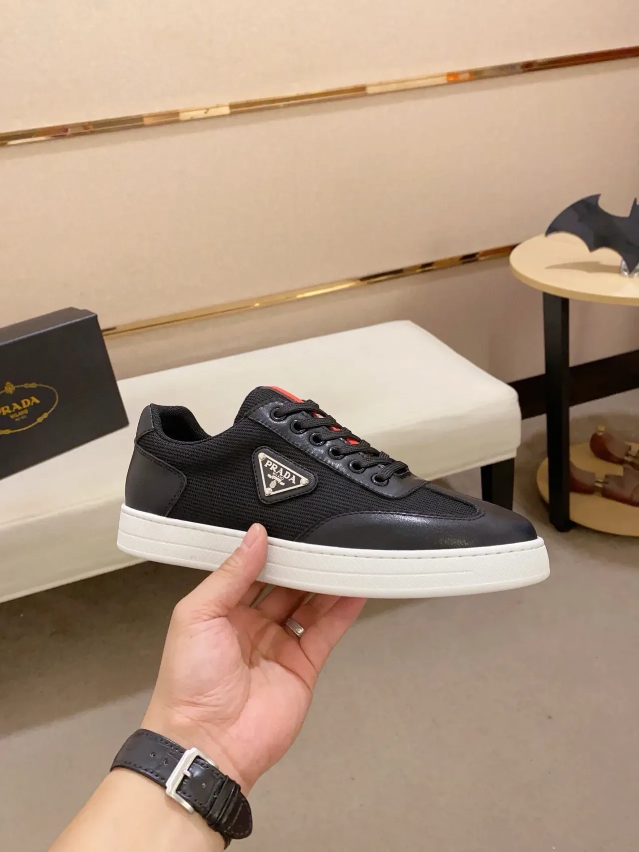 Prada Black White Low-Top Mesh-and-Leather Upper Lifestyle Sneakers 4
