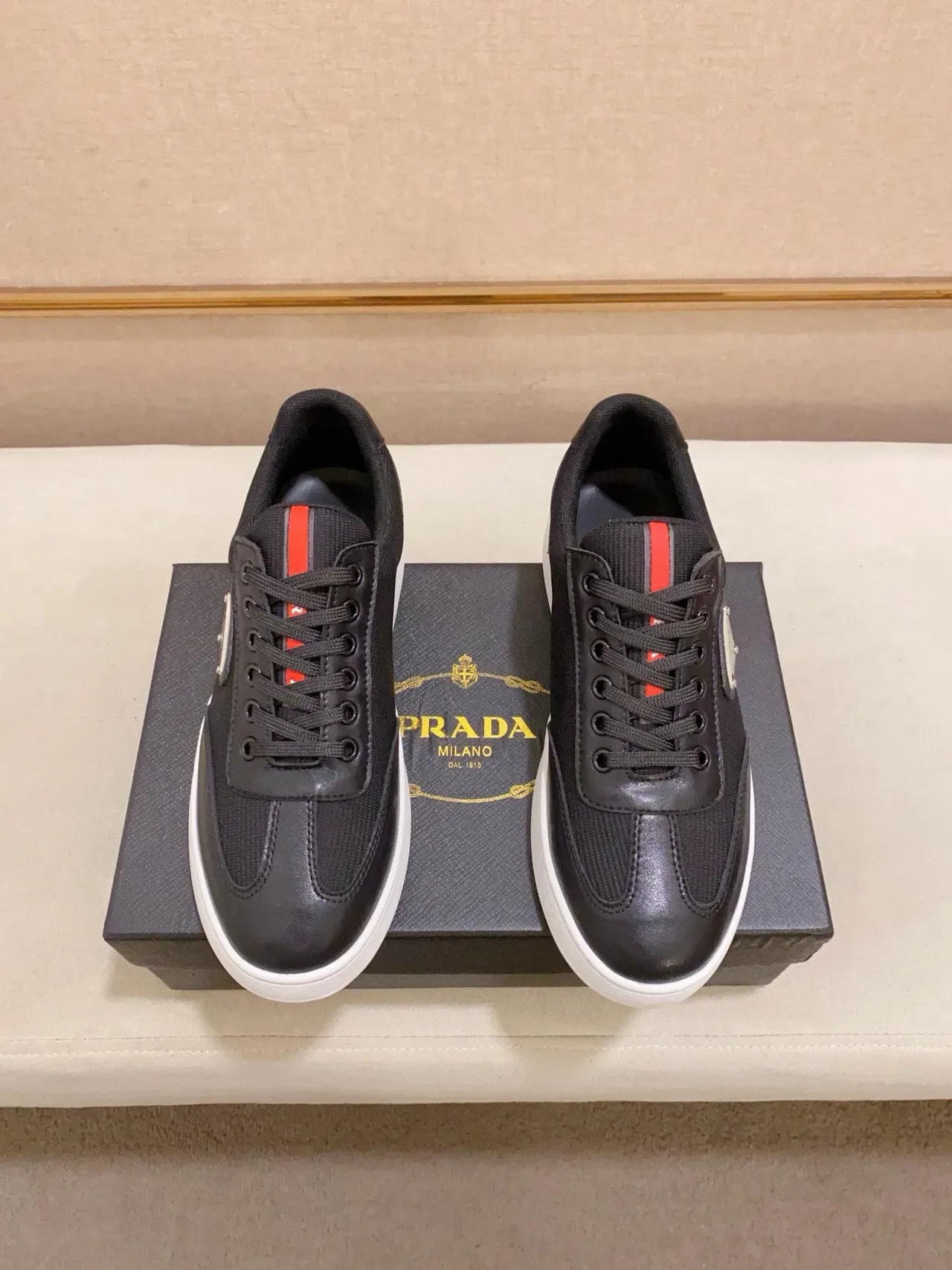 Prada Black White Low-Top Mesh-and-Leather Upper Lifestyle Sneakers 7