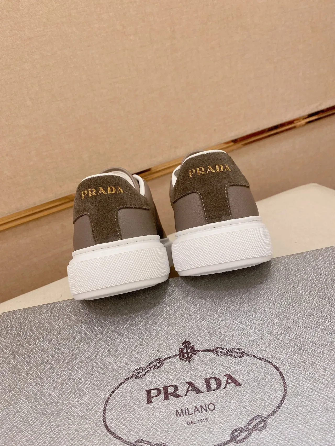 Prada Brown White Low-Top Two-Tone Leather-Suede Lifestyle Sneakers 3