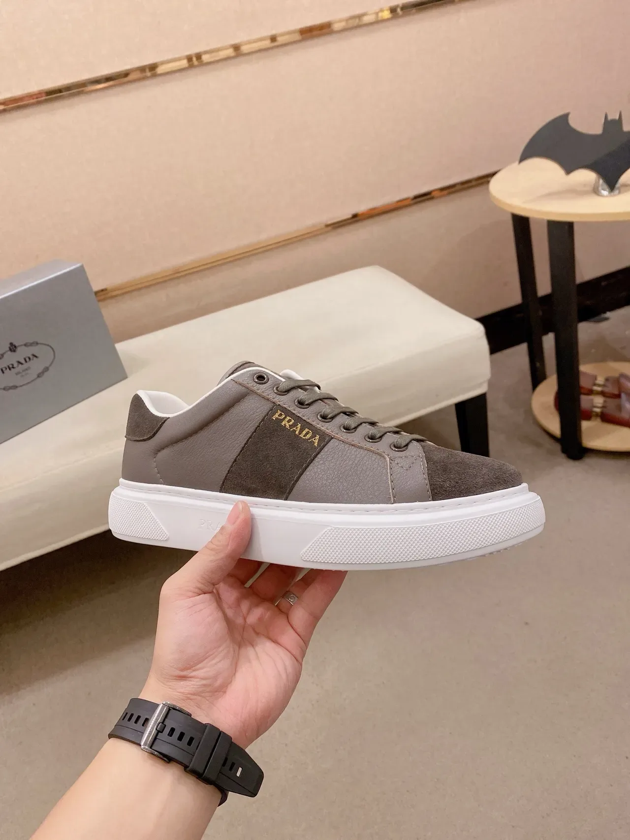 Prada Brown White Low-Top Two-Tone Leather-Suede Lifestyle Sneakers 4