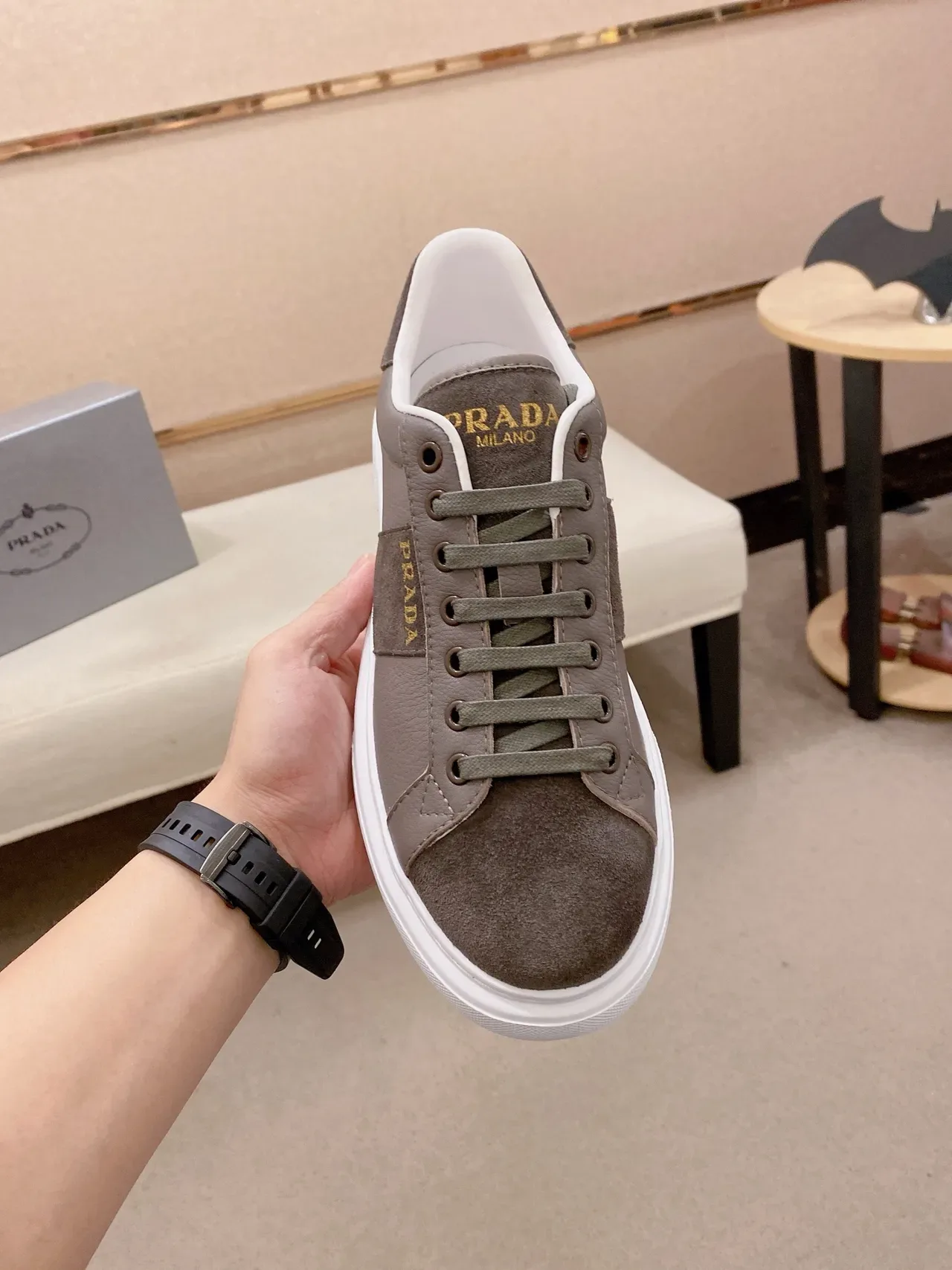 Prada Brown White Low-Top Two-Tone Leather-Suede Lifestyle Sneakers 5