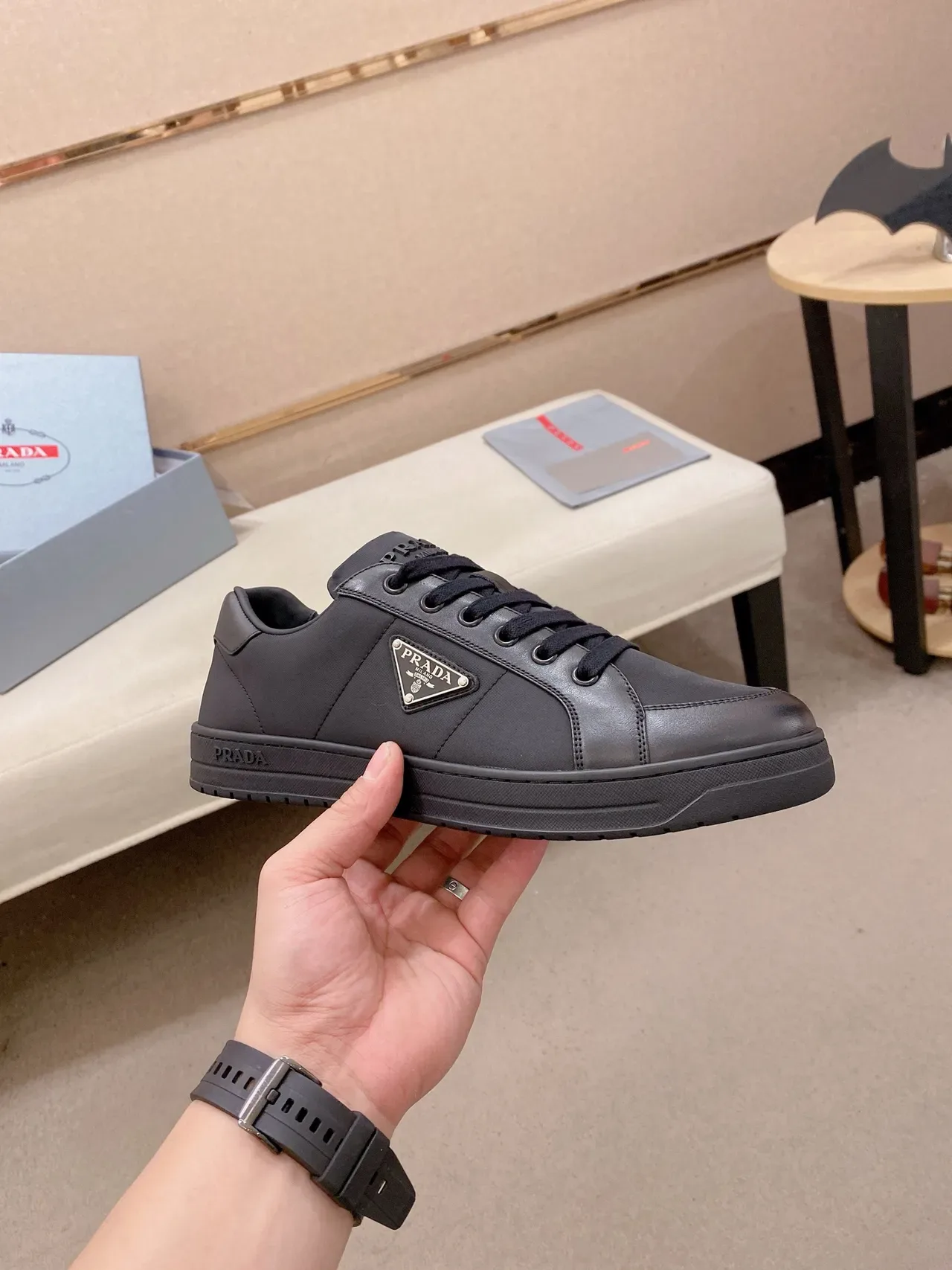 Prada Cloudbust Black Panelled Leather Upper Triangular Metal Logo Plaque Lifestyle Sneakers 4