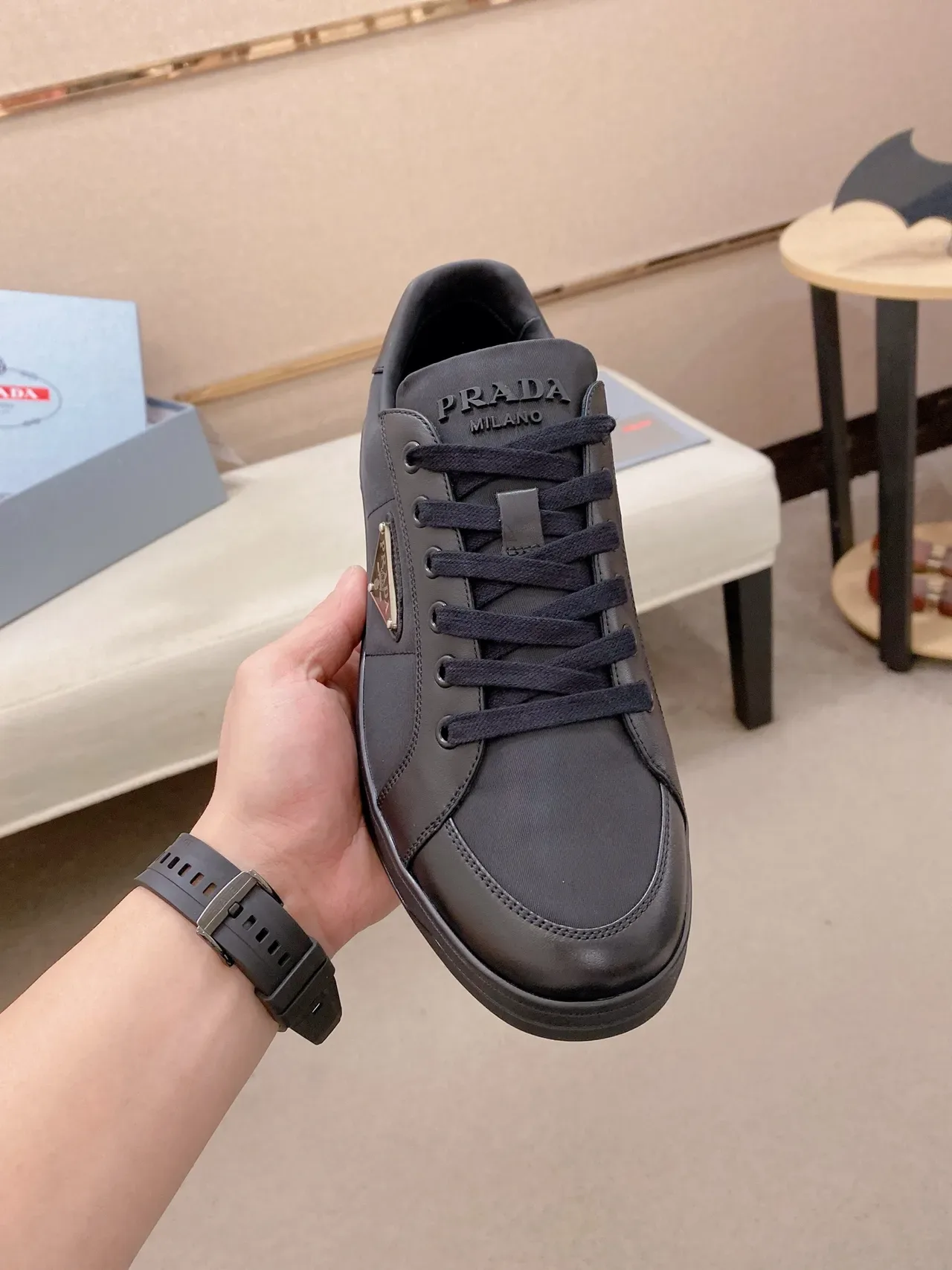 Prada Cloudbust Black Panelled Leather Upper Triangular Metal Logo Plaque Lifestyle Sneakers 5