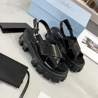 Prada Cloudbust Black Patent Leather Chunky Lug Sole Casual Sandals