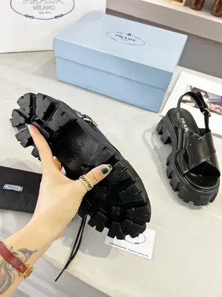 Prada Cloudbust Black Patent Leather Chunky Lug Sole Casual Sandals 2