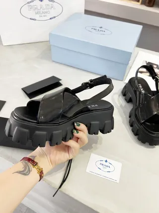 Prada Cloudbust Black Patent Leather Chunky Lug Sole Casual Sandals 4