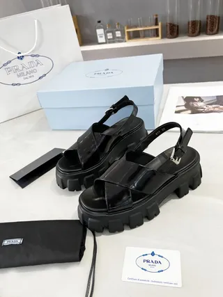 Prada Cloudbust Black Patent Leather Chunky Lug Sole Casual Sandals 6