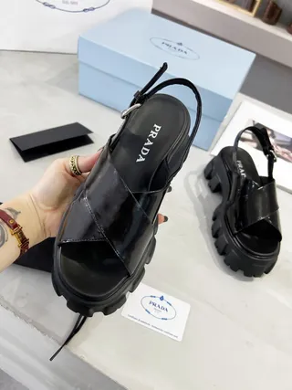 Prada Cloudbust Black Patent Leather Chunky Lug Sole Casual Sandals 7