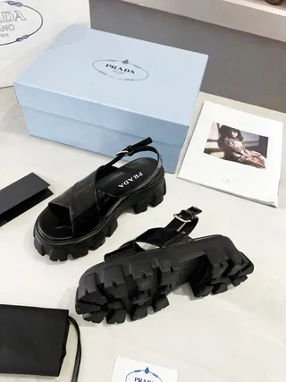 Prada Cloudbust Black Patent Leather Chunky Lug Sole Casual Sandals 9