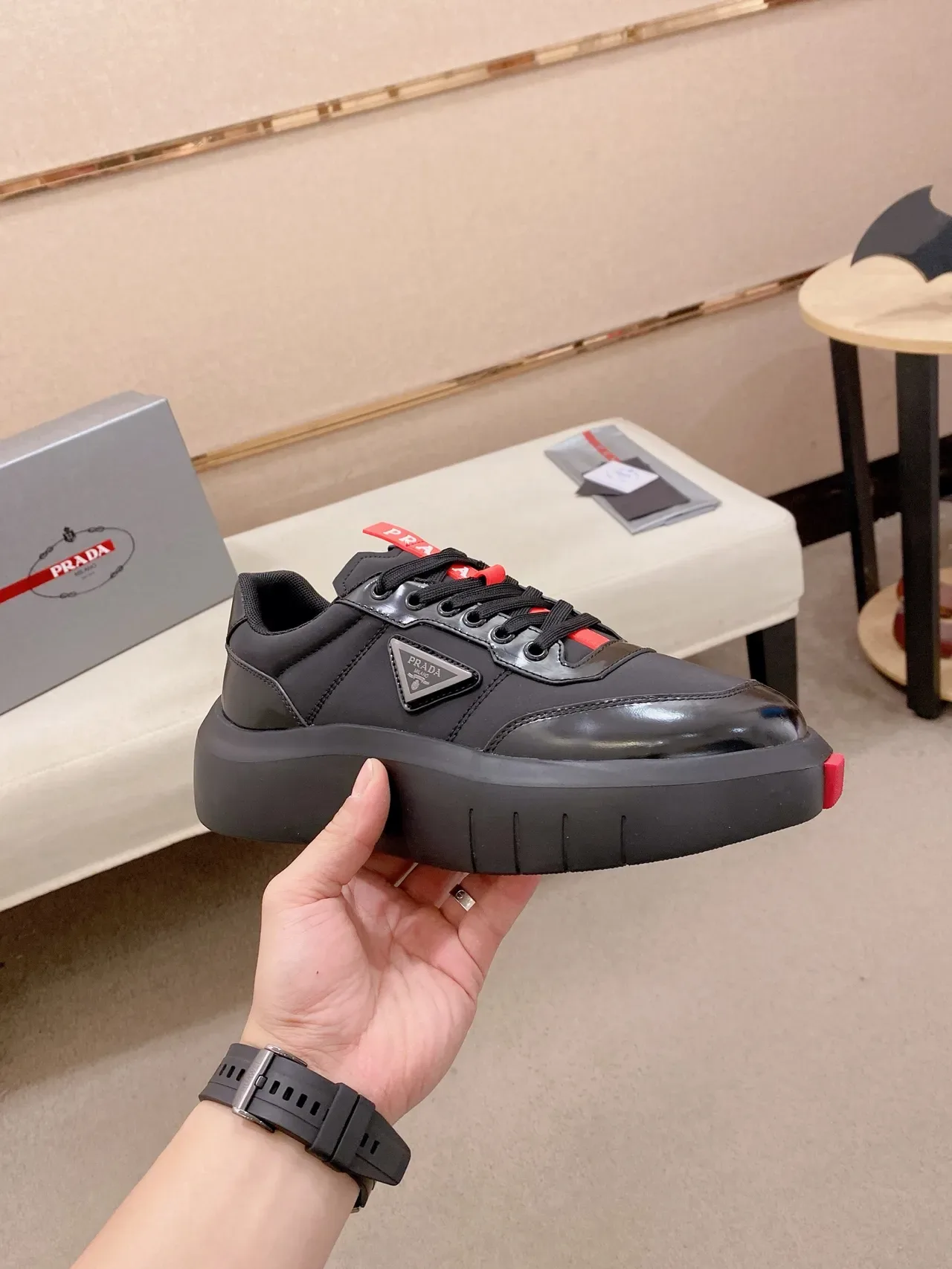Prada Cloudbust Black Red Low-Top Platform Sole Chunky Sneakers 4