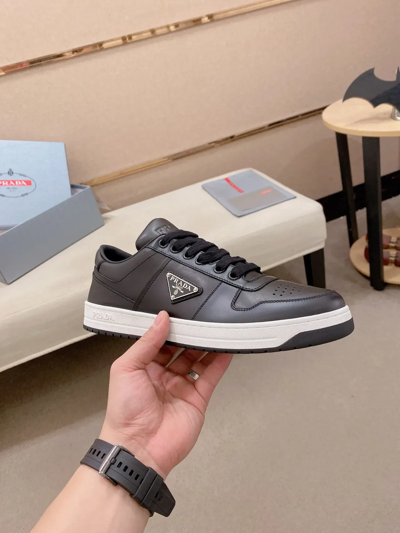 Prada Cloudbust Black White Leather Upper Perforated Toe Cap Lifestyle Sneakers 4