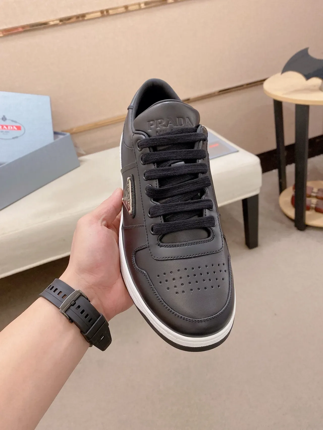 Prada Cloudbust Black White Leather Upper Perforated Toe Cap Lifestyle Sneakers 5