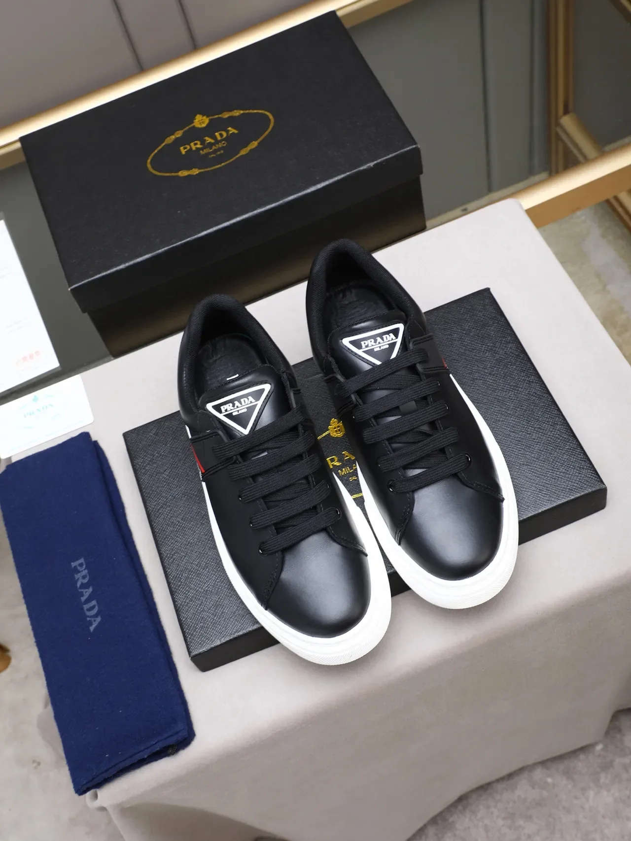 Prada Cloudbust Black White Leather Upper Side Logo Stripe Lifestyle Sneakers 3