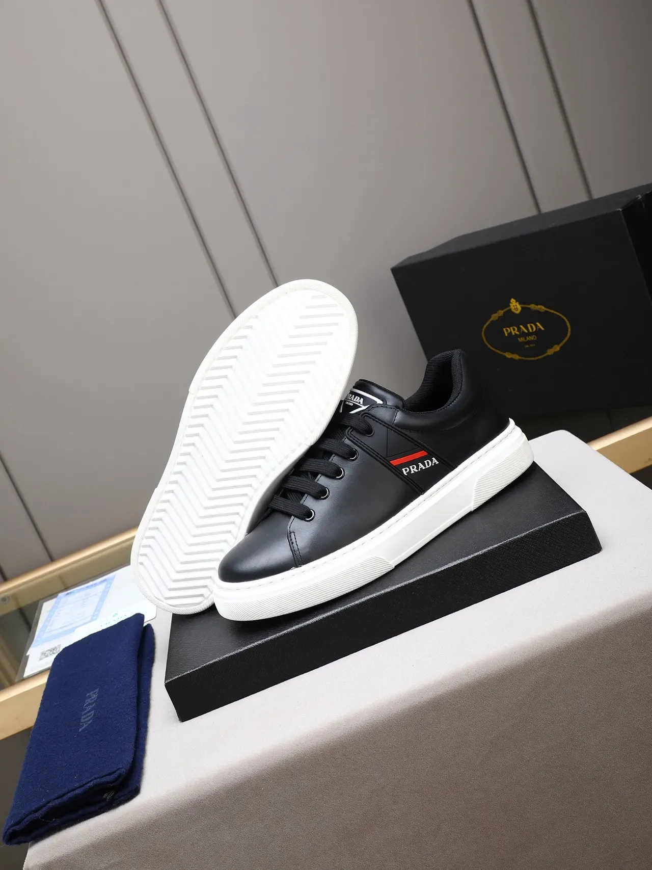 Prada Cloudbust Black White Leather Upper Side Logo Stripe Lifestyle Sneakers 4
