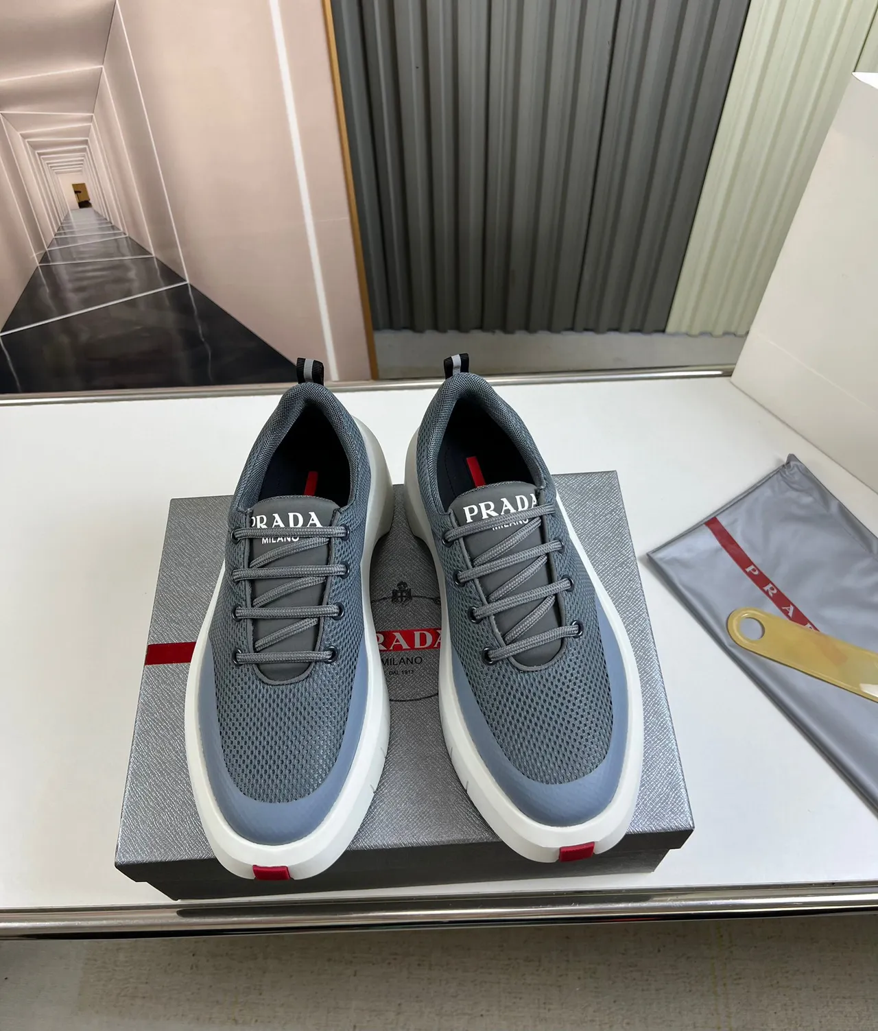 Prada Cloudbust Gray Mesh Platform Chunky Sneakers 6