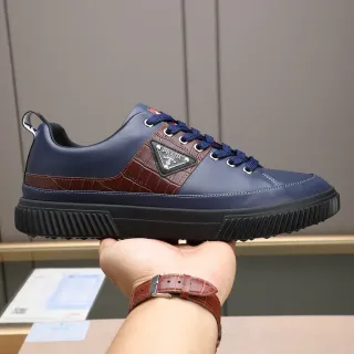 Prada Cloudbust حذاء رياضي أنيق بني بحري جلدي علوي لوحة مطبوعة ثدي التمساح أسلوب حياة
