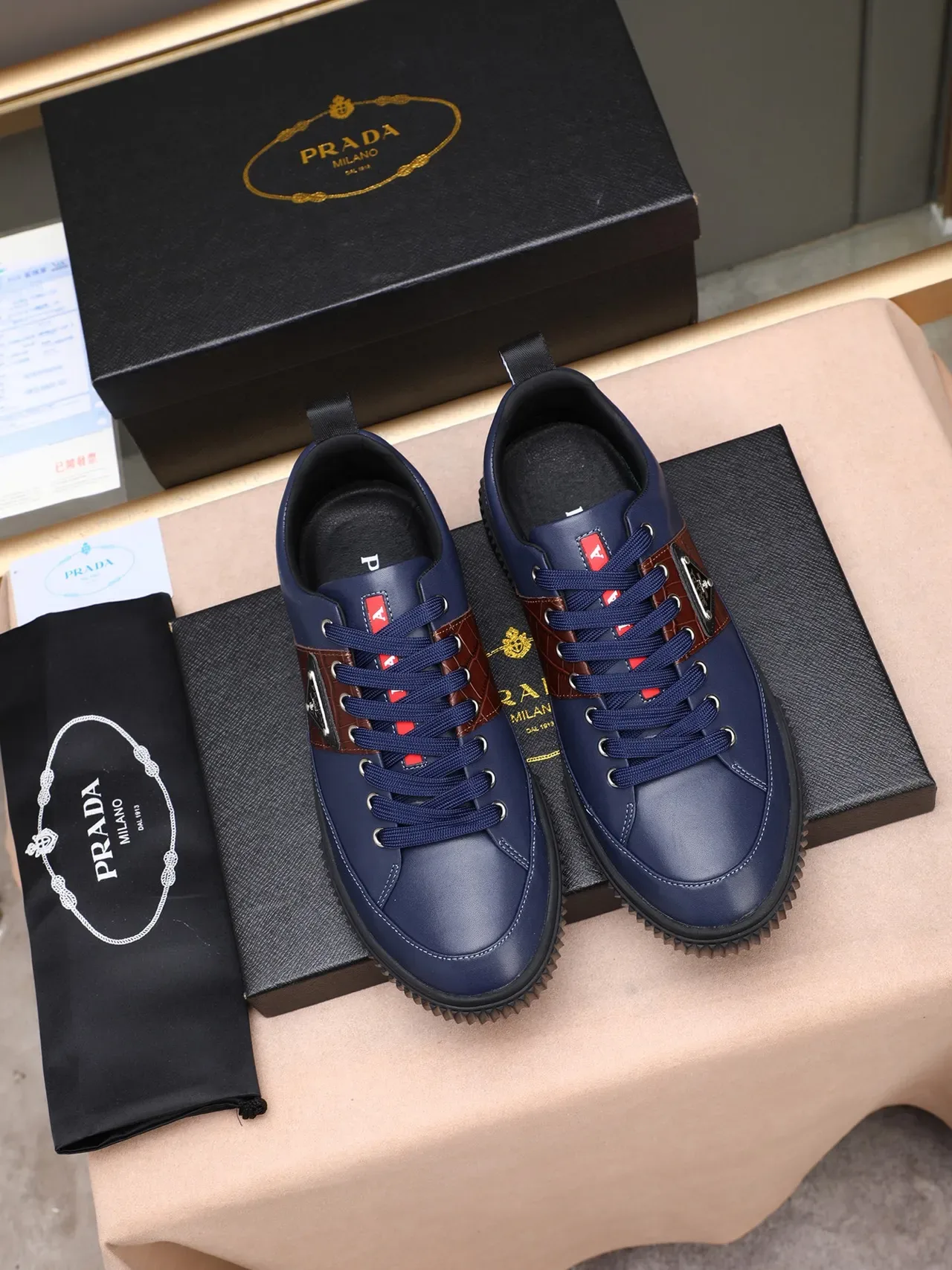 Prada Cloudbust Navy Brown Leather Upper Crocodile-Embossed Panel Lifestyle Sneakers 2