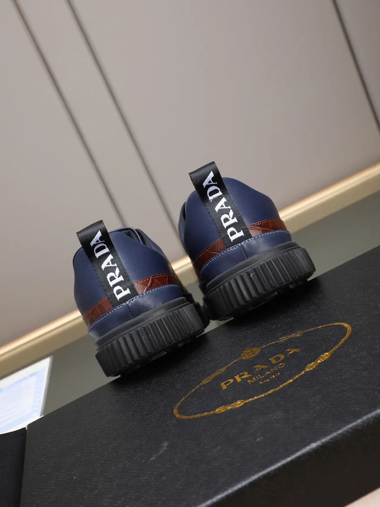 Prada Cloudbust Navy Brown Leather Upper Crocodile-Embossed Panel Lifestyle Sneakers 3