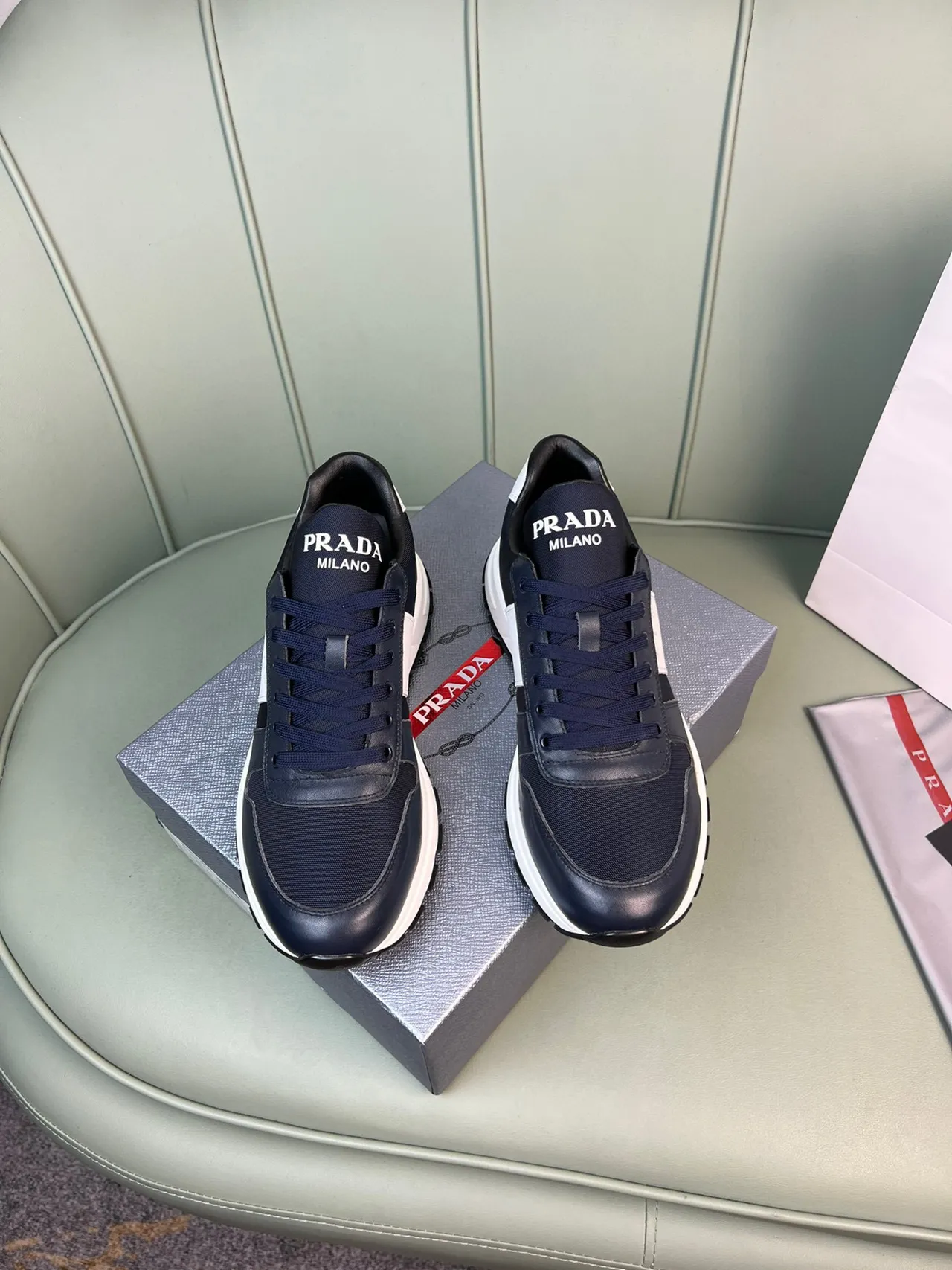 Prada Cloudbust Navy White Leather-Mesh Hybrid Contrast Midsole Chunky Sneakers 8