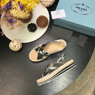 Prada Cloudbust Silver Beige Metallic Straps Crisscross Vamp Casual Sandals