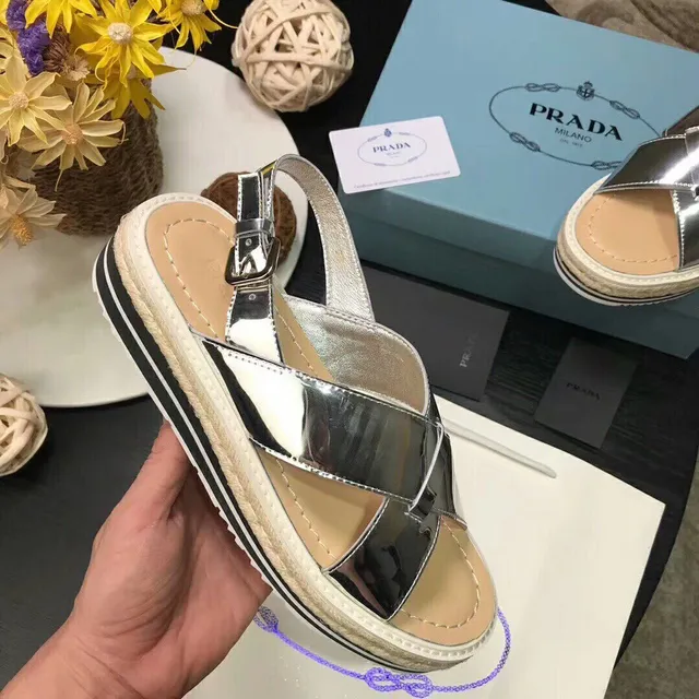 Prada Cloudbust Silver Beige Metallic Straps Crisscross Vamp Casual Sandals 2
