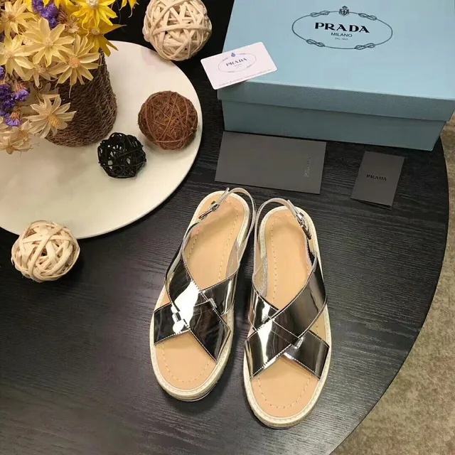 Prada Cloudbust Silver Beige Metallic Straps Crisscross Vamp Casual Sandals 5