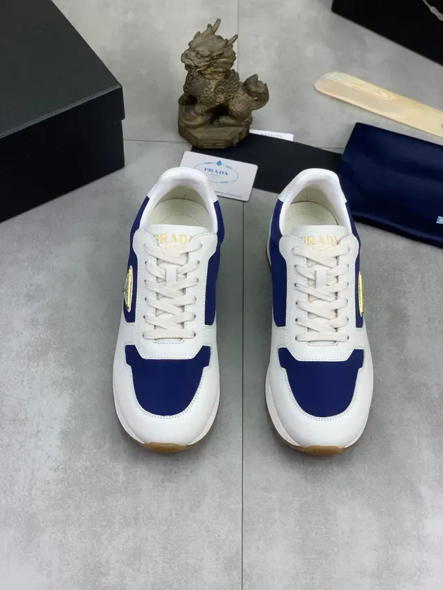 Prada Cloudbust White Blue Color-Blocked Leather Triangular Metal Logo Plaque Lifestyle Sneakers 4