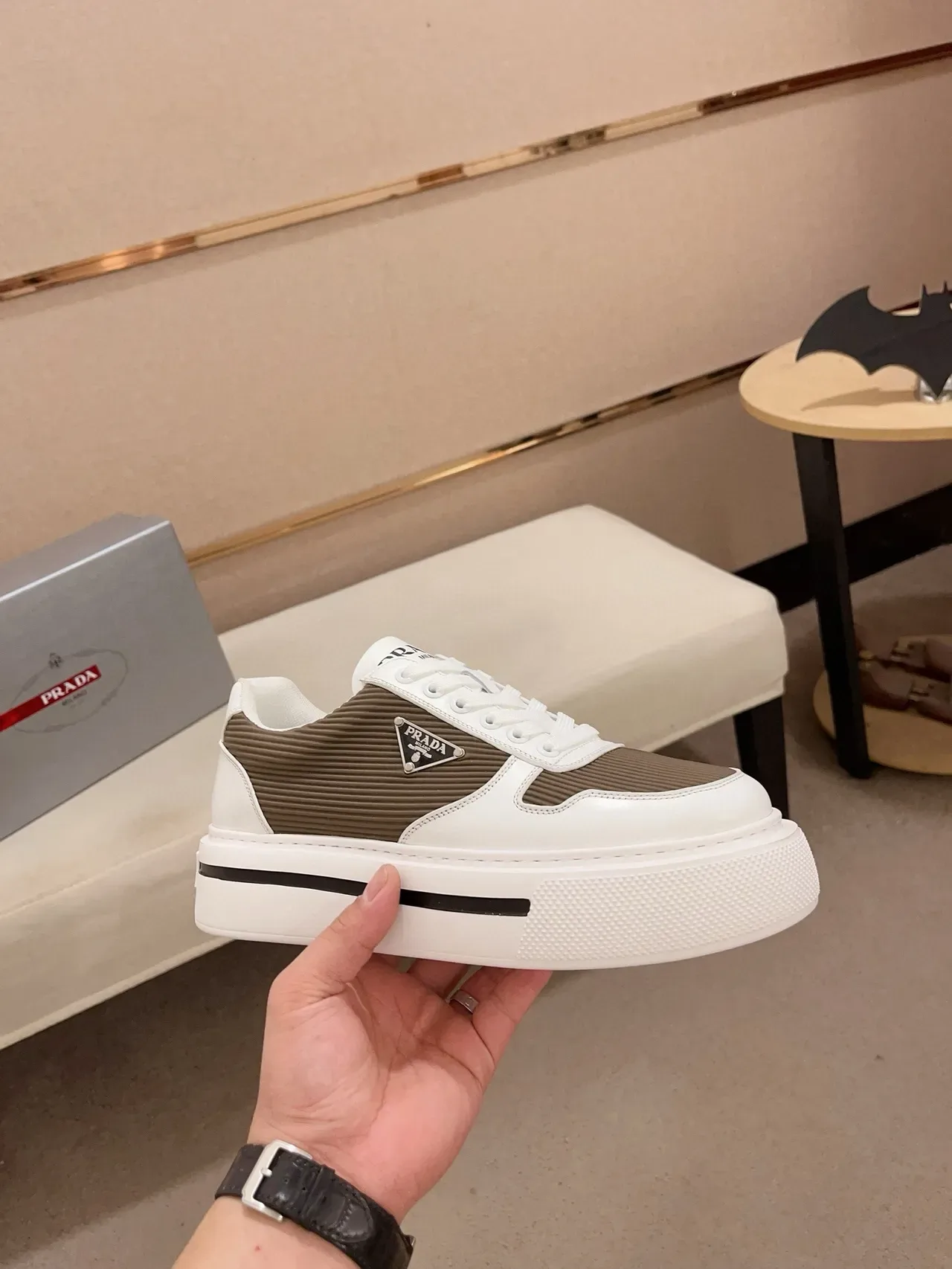 Prada Cloudbust White Brown Platform Sole Ribbed Textile Overlay Lifestyle Sneakers 5