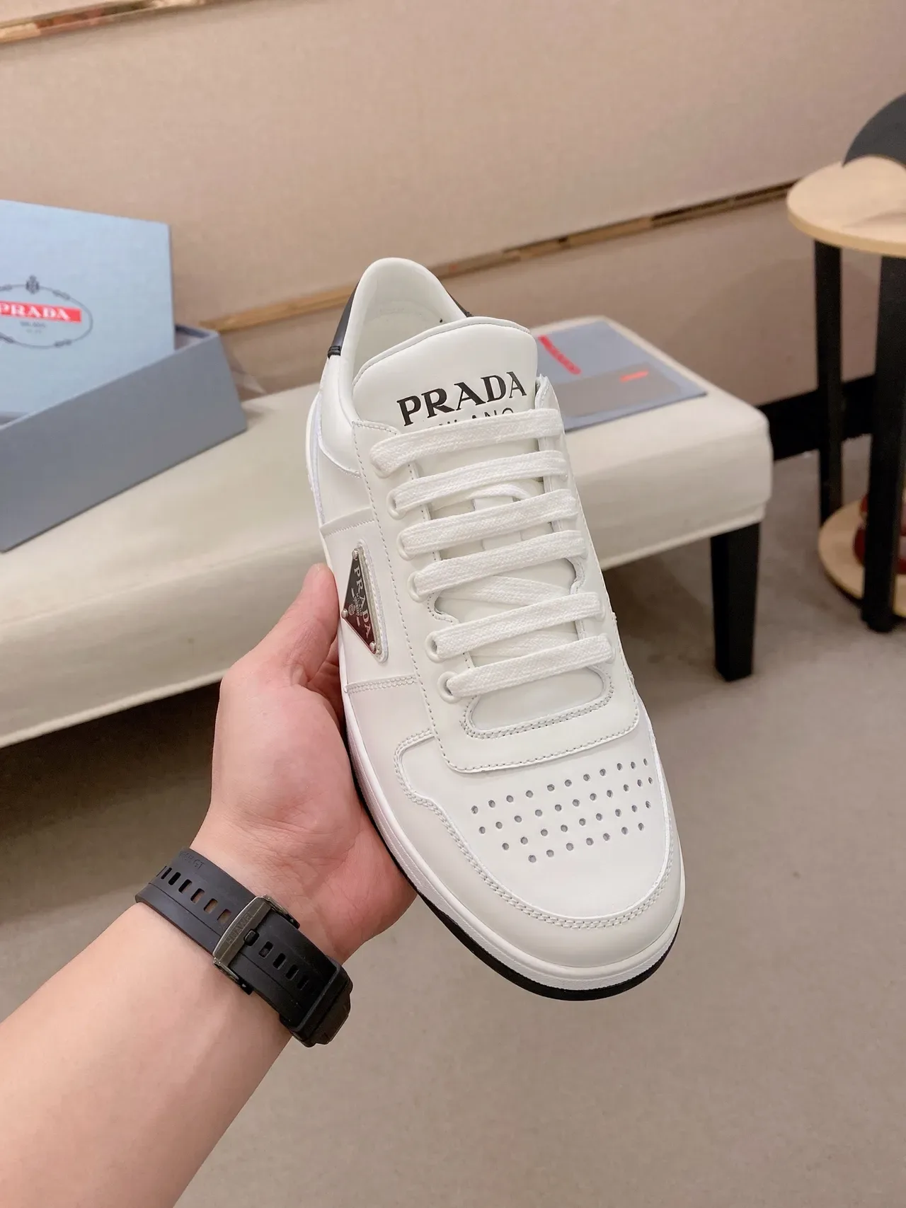 Prada Cloudbust White Leather Perforated Toe Lifestyle Sneakers 5
