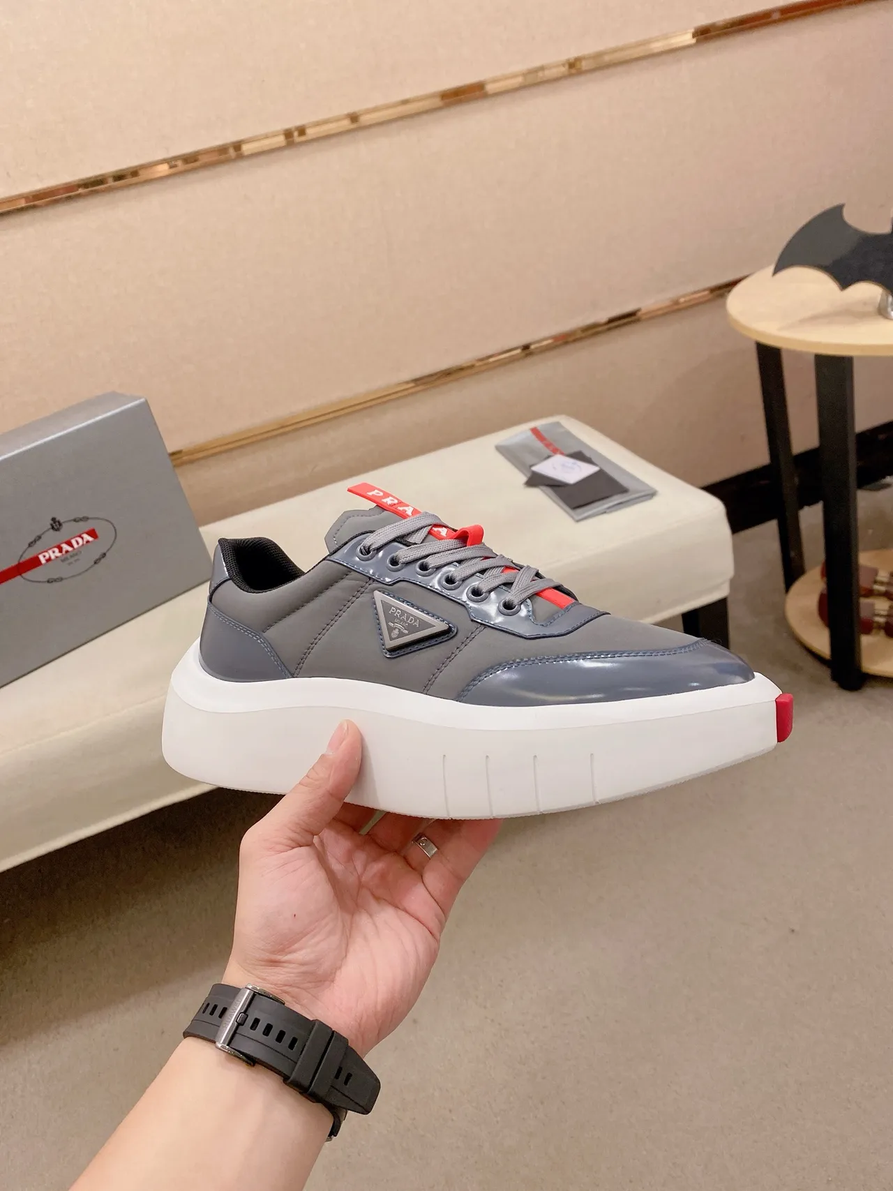 Prada Gray Red Platform Sole Glossy Patent Toe Cap Chunky Sneakers 4