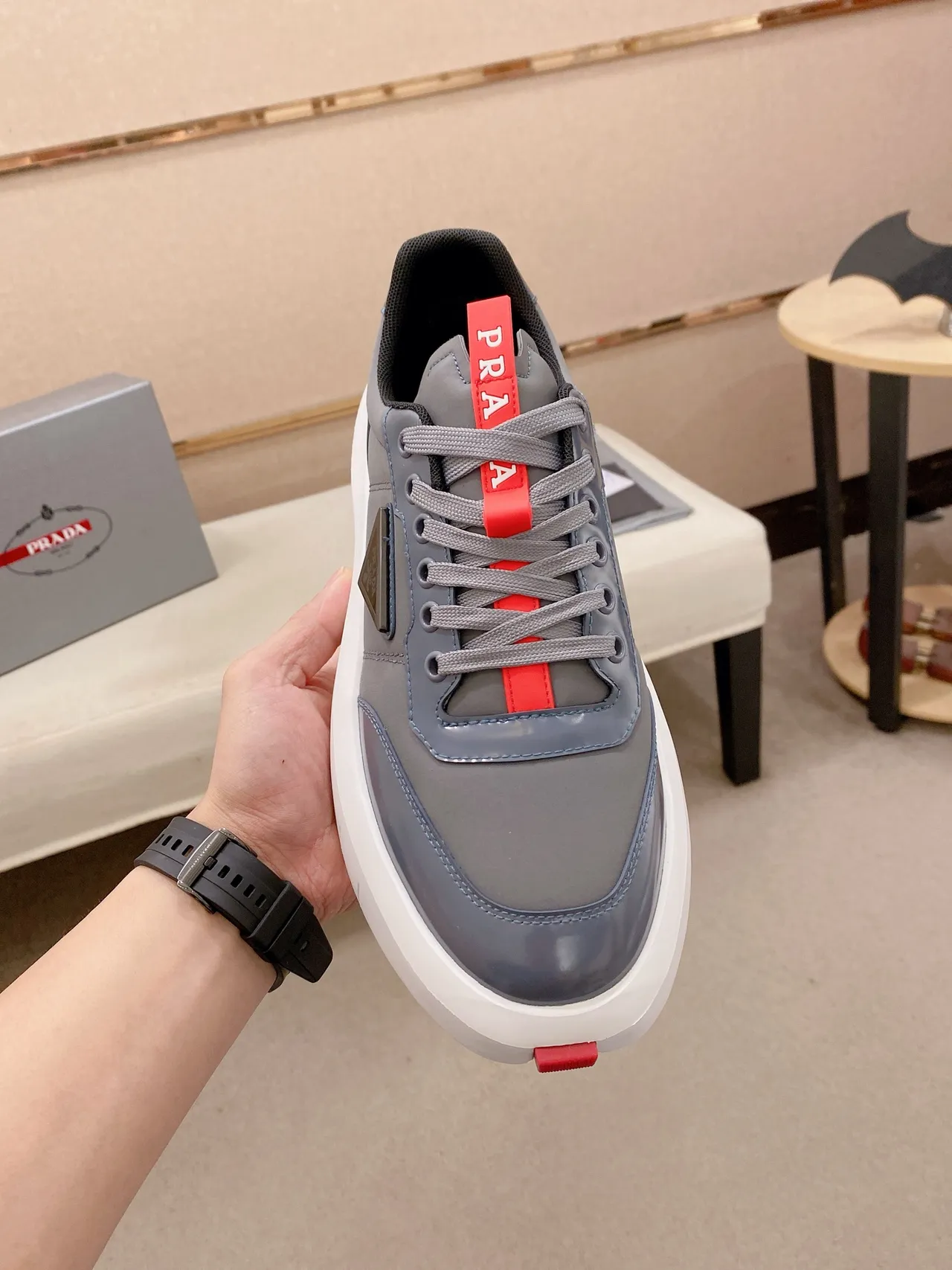 Prada Gray Red Platform Sole Glossy Patent Toe Cap Chunky Sneakers 5