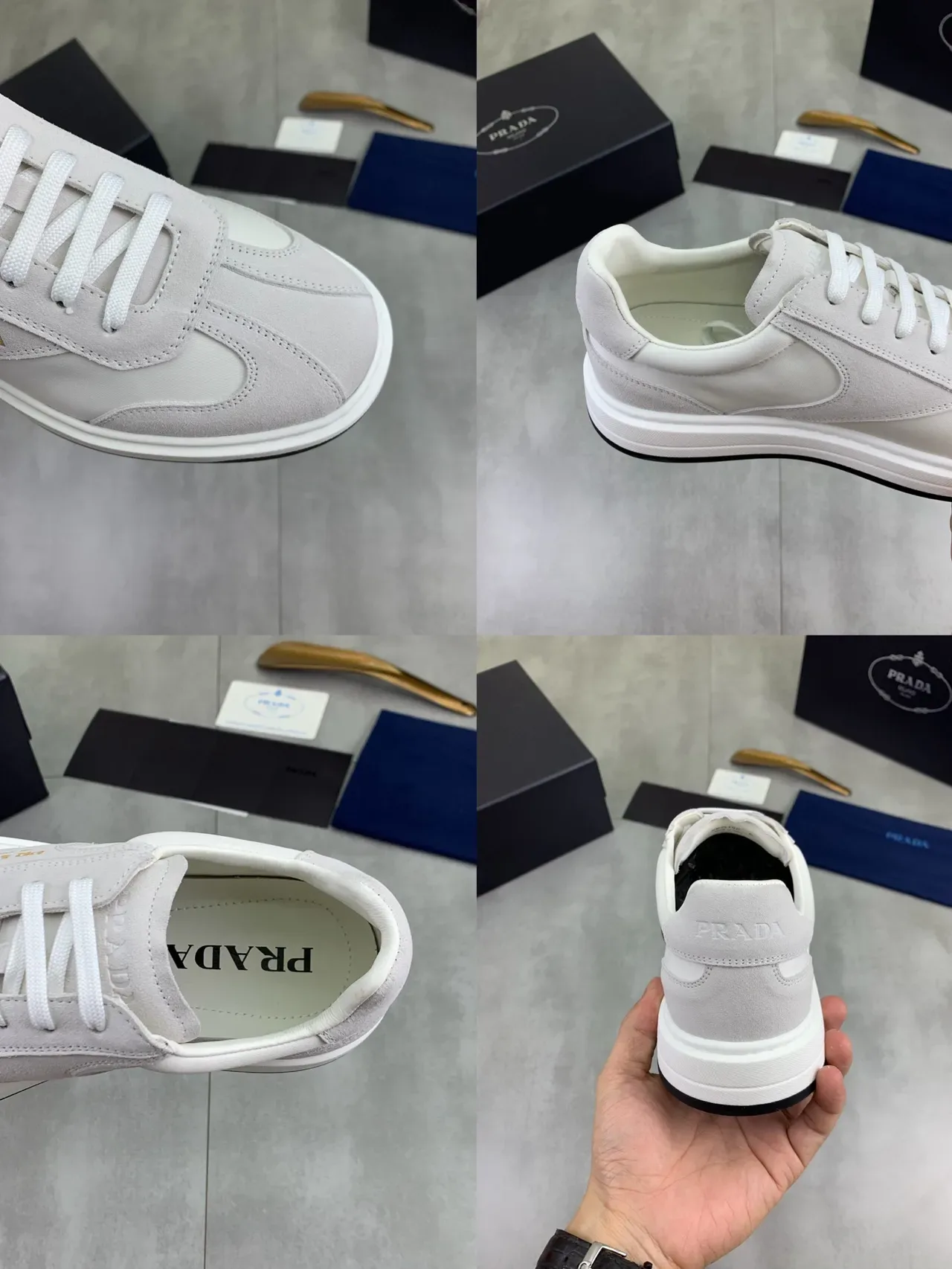 Prada Sneakers Lifestyle Gris Blanc Bas en Daim et Cuir Panelés 2