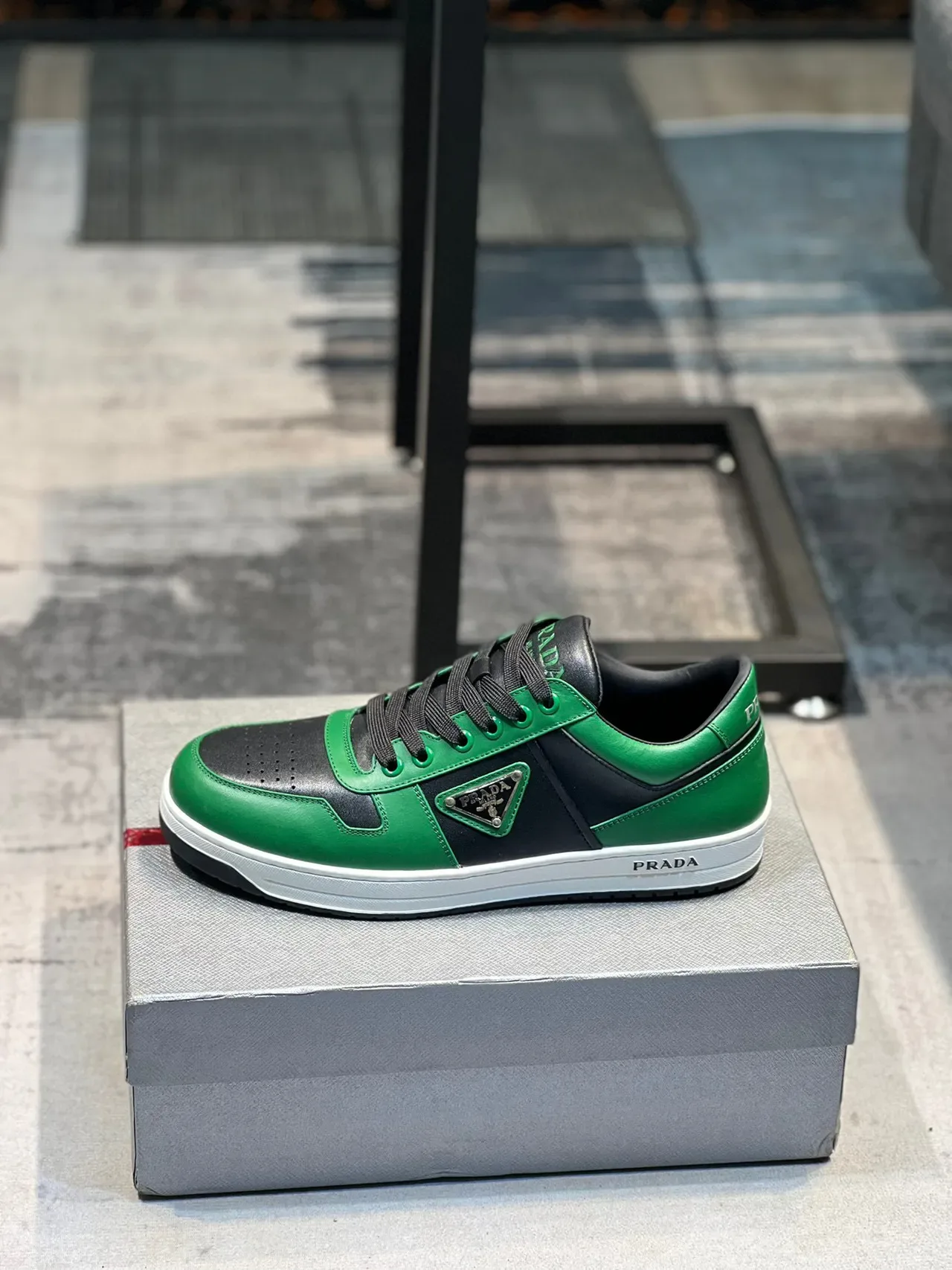 Prada Green Black Panelled Leather Construction Color Blocking Lifestyle Sneakers 1