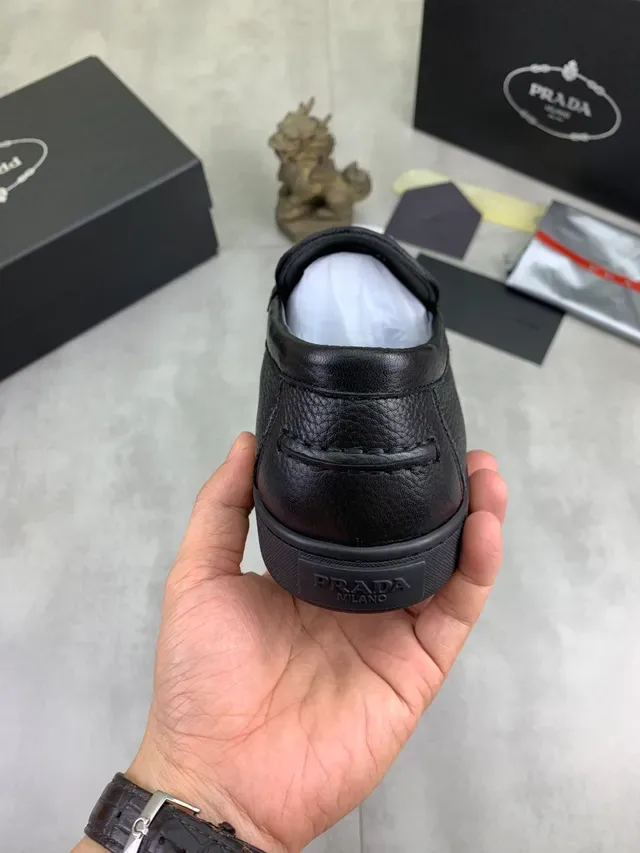 Prada Loafer Black Pebbled Leather Metal Triangle Logo Loafer 3