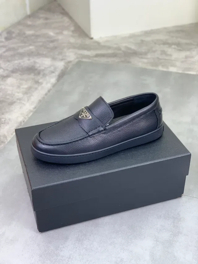 Prada Loafer Black Pebbled Leather Metal Triangle Logo Loafer 4