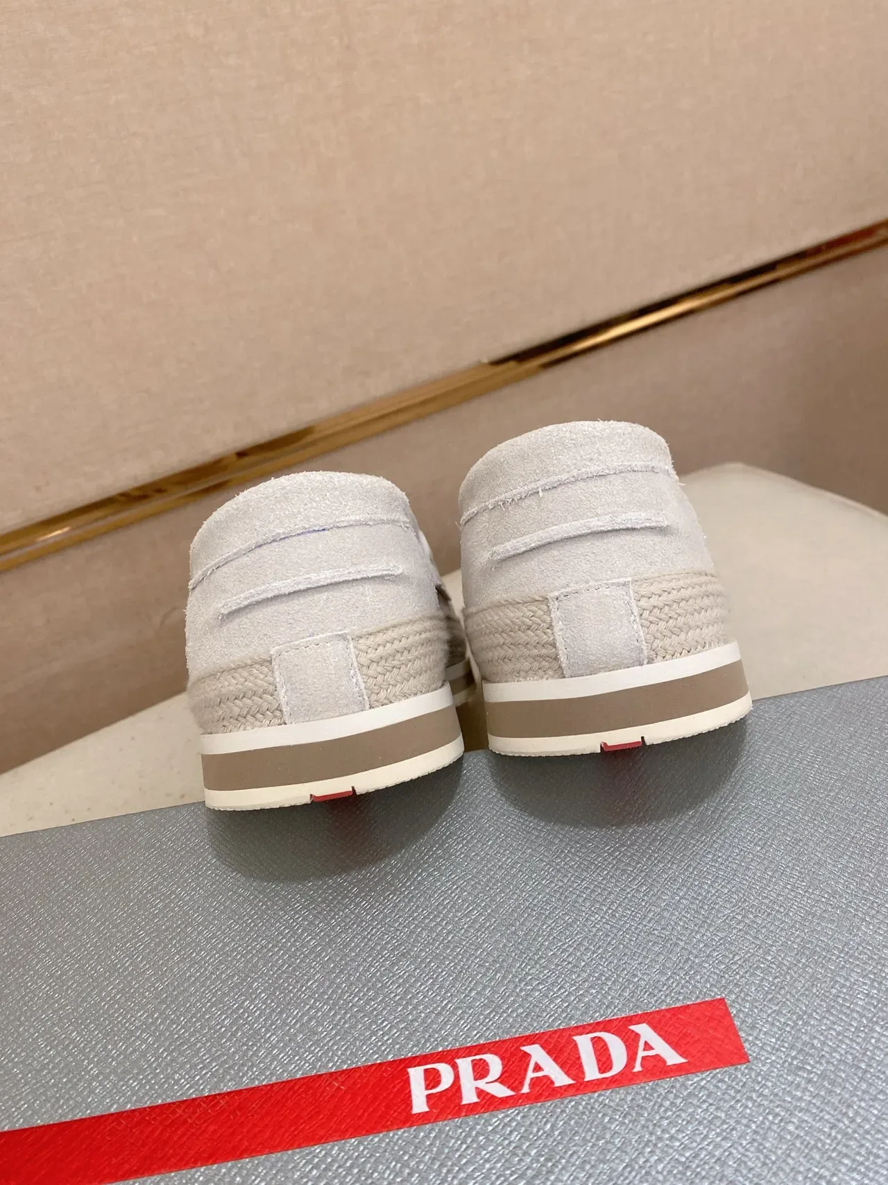 Prada Loafer Gray Beige Suede Upper Embossed Logo Strap Loafer 3