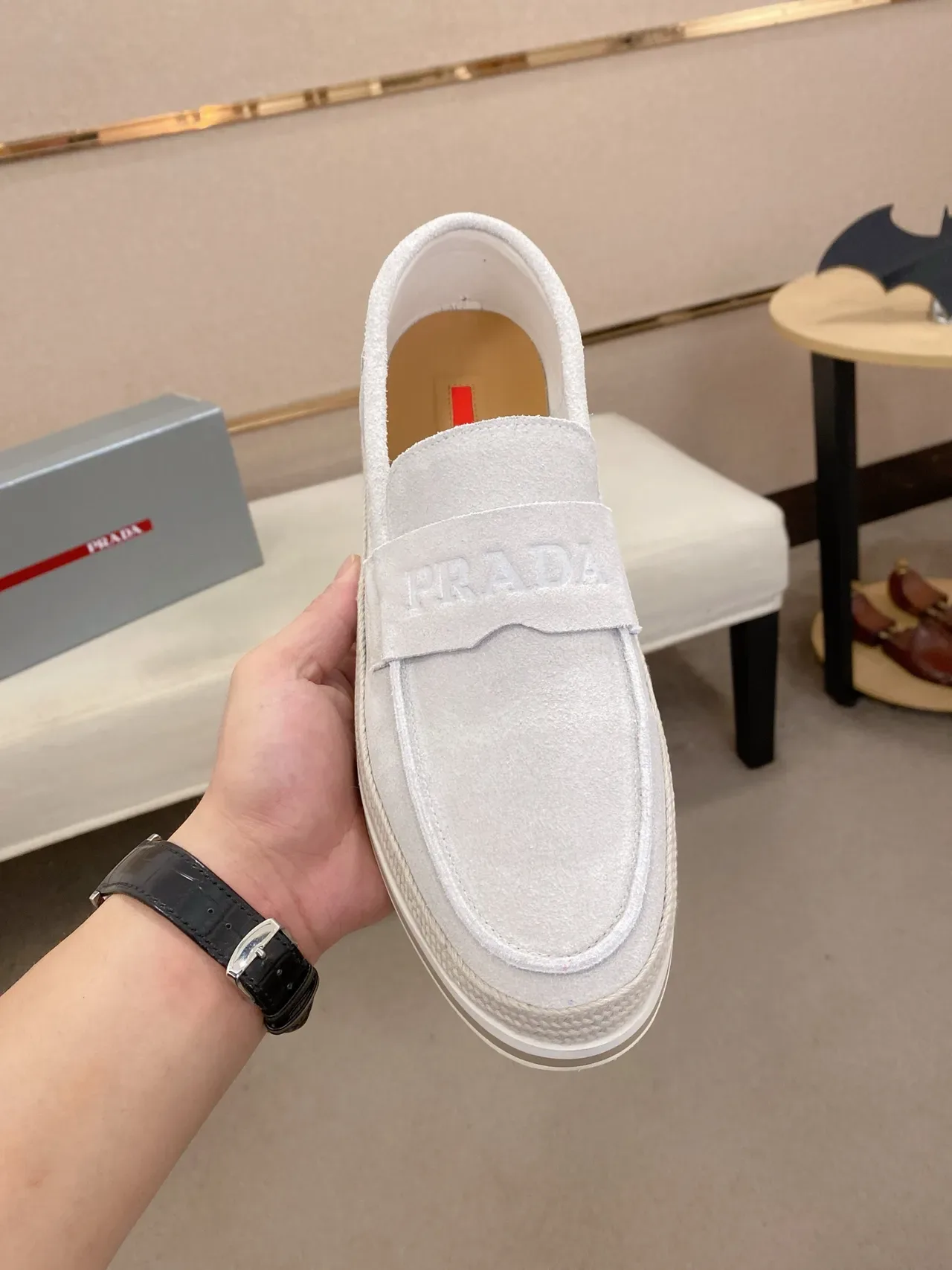 Prada Loafer Gray Beige Suede Upper Embossed Logo Strap Loafer 5