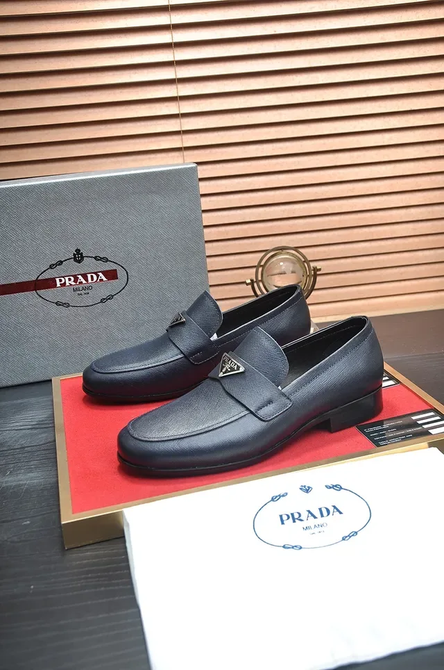 Prada Navy Textured Leather Penny Loafer 4