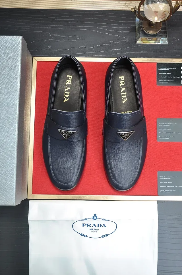 Prada Navy Textured Leather Penny Loafer 5
