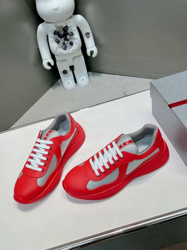 Prada Red Gray Leather Upper Mesh Overlays Lifestyle Sneakers 2