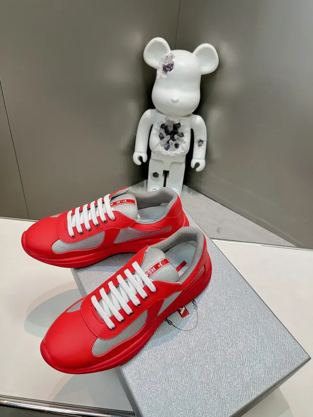 Prada Red Gray Leather Upper Mesh Overlays Lifestyle Sneakers 3