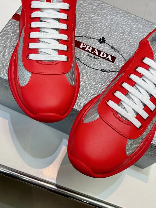 Prada Red Gray Leather Upper Mesh Overlays Lifestyle Sneakers 7